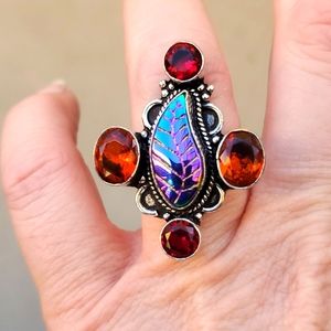 New Carved Rainbow Hematite & Garnet 925 Silver Ring.